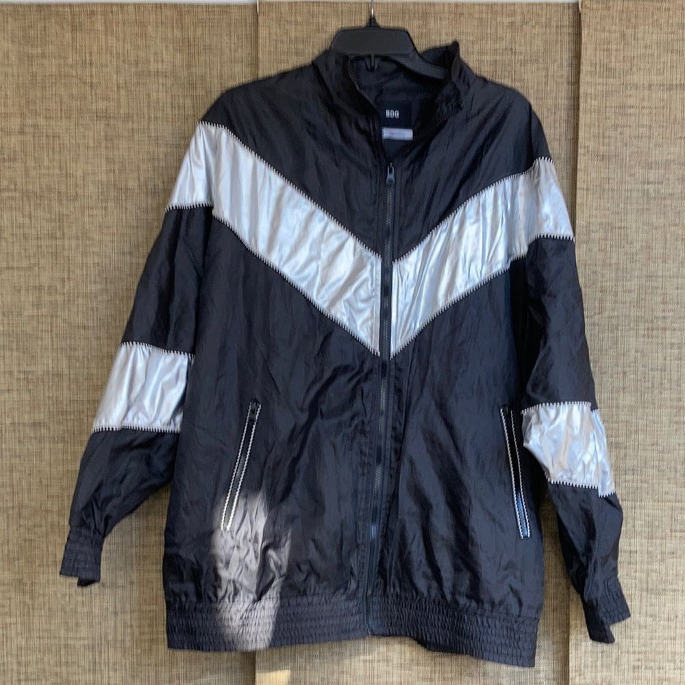 BDG batwing colorblock windbreaker jacket in black and silver